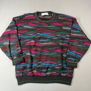 JOHN ASHFORD VTG Y2K Men Knit Sweater 3D Grandpa Abstract Crew coogi style L